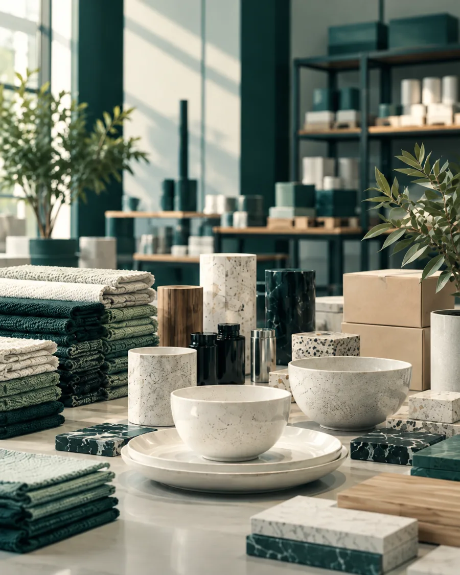 Showroomda sergilenen tekstil ve seramik ürün numuneleri