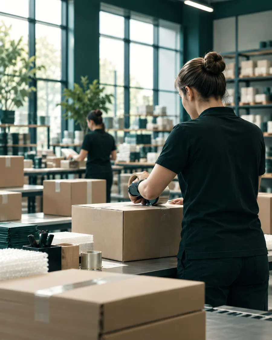 Depoda sevkiyat için ürün paketleyen çalışan